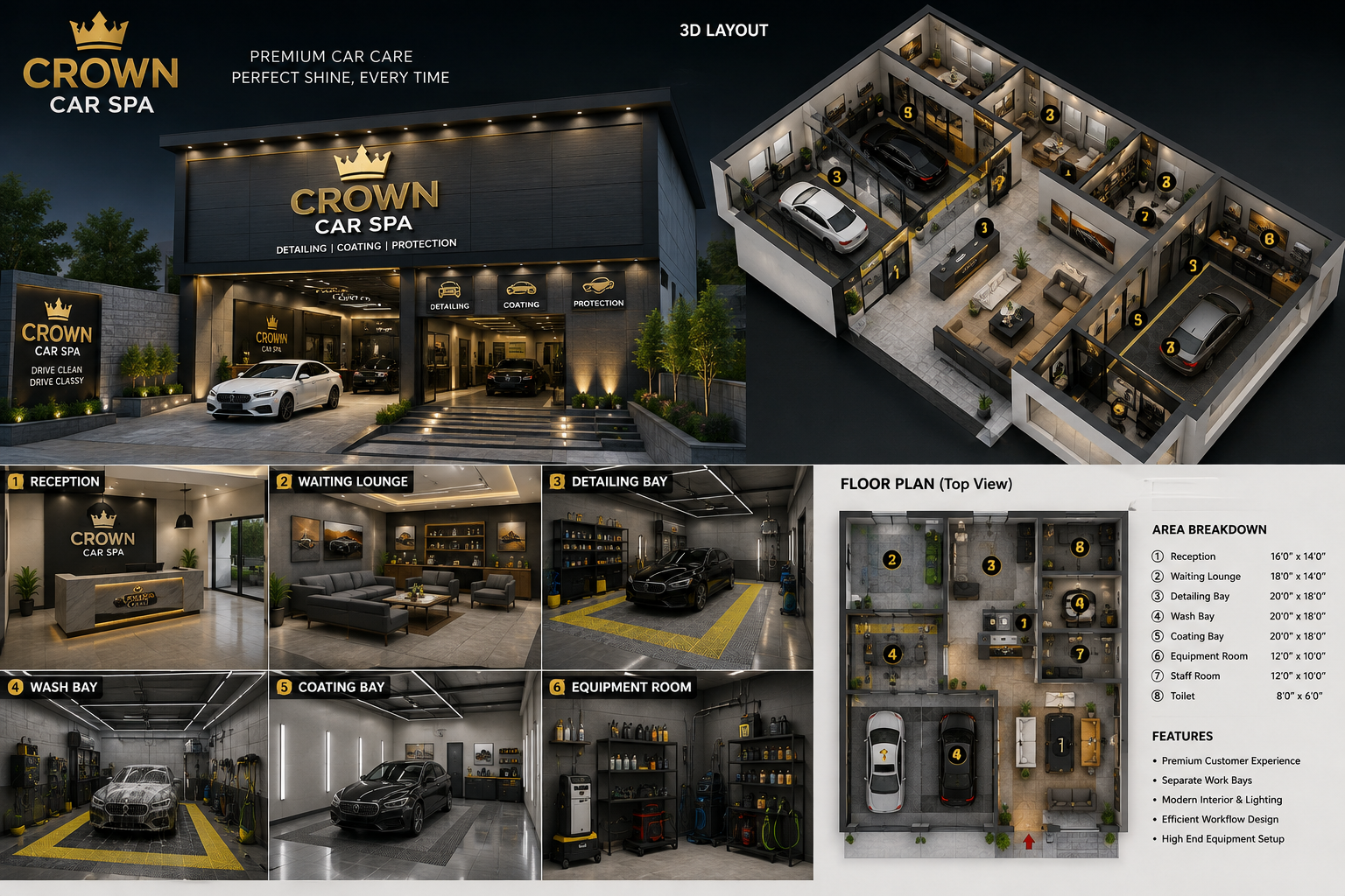 Crown Car Spa 3D layout and floor plan